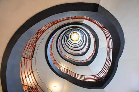 Hamburg, Germany - June 16 2023: Sprinkenhof Expressionist Interior Spiral Staircaseのeditorial素材