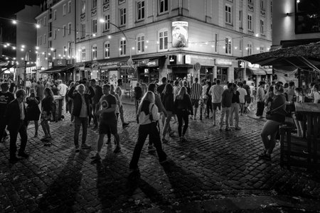Hamburg, Germany - June 16 2023: Hans Albers Platz Square in the Red Light District and Party Area Kiez of St. Pauli on a Weekend Night in Black and White.のeditorial素材