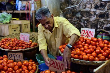 Port Louis, Mauritius - October 25 2023: Vendor Selling Tomatoes at a Stall on the Central Marketのeditorial素材
