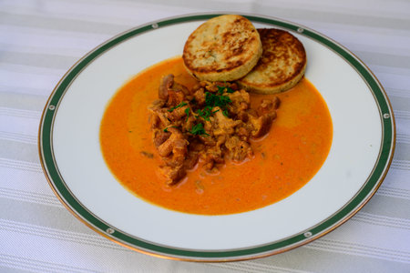 Chanterelle Goulash or Eierschwammerlgulasch with Fried Bread Dumplingsの写真素材
