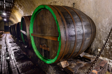 Plzen, Czech Republic - August 17 2024: Wooden Barrels and Casks in the Pilsner Urquell Plzensky Prazdroj Brewery Beer Cellar.のeditorial素材