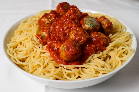 Spaghetti with Meatballs and Spicy Tomato Sauce American Style Pasteの写真素材