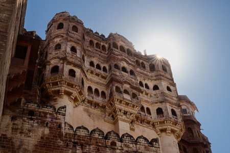 Meherangarh Fort Exterior Facade in Jodhpur, Rajasthan, India with Intricate Stone Carvings