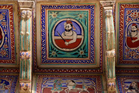 Indian Fresco Detail on Shri Pushkar Thalia Haveli in Mandawa, A Colourful Mural Paintingの写真素材