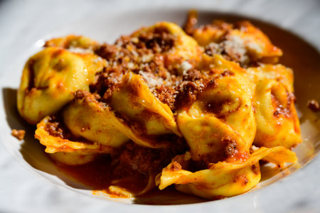 Cappelletti al Ragu Stuffed Italian Pasta in Meat Sauce from Ravenna, Emilia Romagnaの写真素材