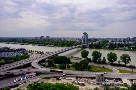 Bratislava, May 26 2024: Most SNP Danube Bridge of the Slovak National Uprising, also called UFO Bridge or New Bridge Novy Most.のeditorial素材