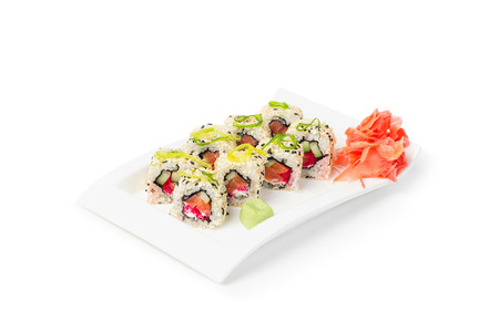 Japanese Food, Maki Sushi with ginger isolated on white backgroundの写真素材