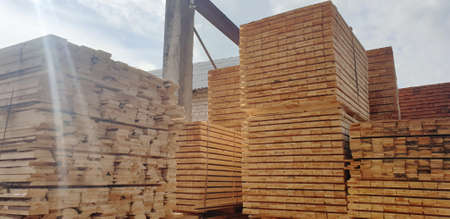 Fresh wooden pallets at the lumber yardの写真素材