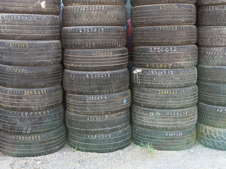 Old Car Tires for recyclingの写真素材
