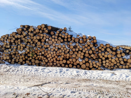 Stack of many sawn pine logs in winterの写真素材
