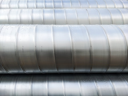 Piles of steel pipes neatly stacked in a warehouse. Infrastructure Detailsの写真素材