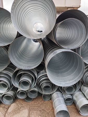 Piles of steel pipes neatly stacked in a warehouse. These industrial components are essential for ventilation systems.の写真素材
