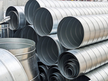 Piles of metallic vent pipes neatly stacked in a warehouseの写真素材