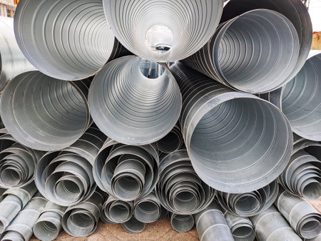 Piles of steel pipes neatly stacked in a warehouse. These industrial components are essential for ventilation systems.の写真素材