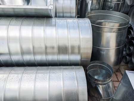 Close-up of ribbed metallic ventilation tubes in an industrial setting. The shiny aluminum surface reflects light.の写真素材