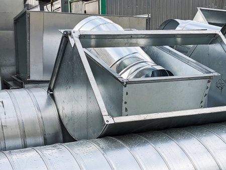 The interconnected ducts and pipes form a complex vent network.の写真素材