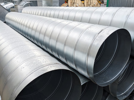 Close-up of ribbed metallic ventilation tubes in an industrial setting. The shiny aluminum surface reflects light.の写真素材