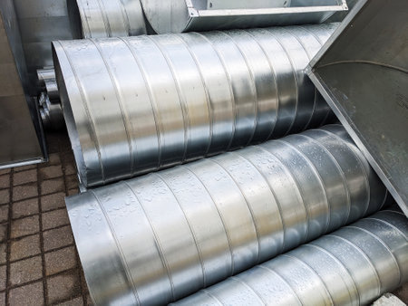 A close-up view of galvanized metal ventilation ducts.の写真素材