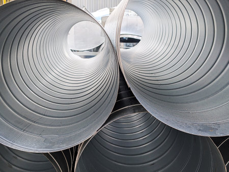 Close-up of ribbed metallic ventilation tubes in an industrial setting. Boiler Room Ventilation, Infrastructure Detailsの写真素材