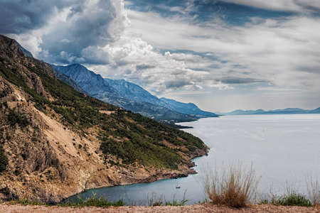 View of the Adriatic Sea coast and Omis and Makarska Riviera in Croatiaの写真素材