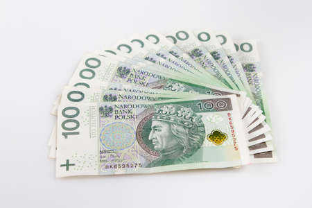 Warsaw, Poland - July 1, 2017: Polish currency. Fan of Polish 100 Zloty banknotes.のeditorial素材