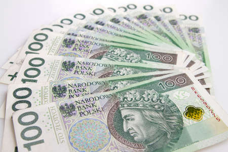 Warsaw, Poland - July 1, 2017: Polish currency. Fan of Polish 100 Zloty banknotes.のeditorial素材