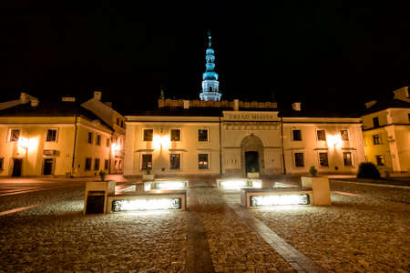 Zamosc - Renaissance city in Central Europe. Back of Town Hall at night.のeditorial素材