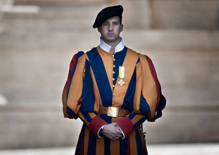 Rome, Italy - June 20, 2011: Papal Swiss Guard in uniform. Currently, the name Swiss Guard generally refers to the Pontifical Swiss Guard of the Holy See stationed at the Vatican in Romeのeditorial素材