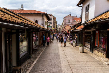 SARAJEVO / BOSNIA AND HERZEGOVINA - September 2, 2018:  Pedestrian market area of Bascarsija in Sarajevo, Bosnia. Bascarsija, the old town, is a popular place for tourists to buy local craftwork.のeditorial素材
