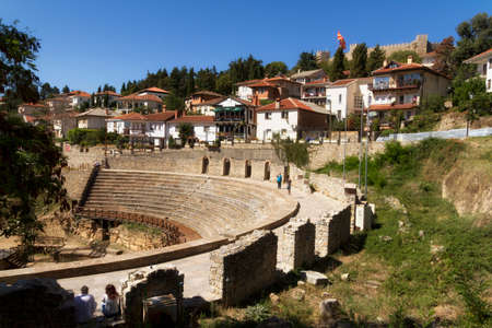 Ohrid/Macedonia - September 4 2018: Coast of Lake Ochrid seen from Ochrid City. Ohrid and Lake Ohrid are  natural and cultural heritage sites. Typical Macedonian architecture. Amphitheater and old town.のeditorial素材
