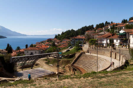 Ohrid/Macedonia - September 4 2018: Coast of Lake Ochrid seen from Ochrid City. Ohrid and Lake Ohrid are  natural and cultural heritage sites. Typical Macedonian architecture. Amphitheater and old town.のeditorial素材