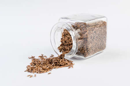 Caraway seeds in a glass jar isolated on white background.