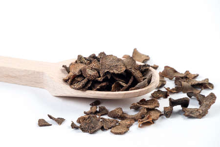 truffless in wooden spoon isolated on white background. Closeup.の写真素材