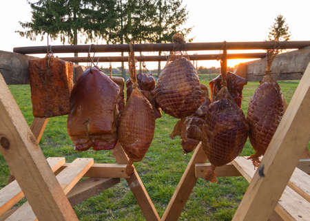 homemade smoked various meat drying after smoking process