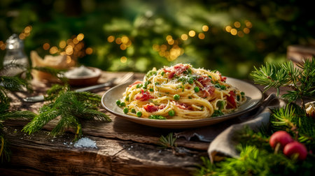 Delicious spaghetti tossed with sweet peas and crispy prosciutto, sprinkled with parmesan and herbs, served on a rustic wooden table surrounded by greenery and warm countryside charm.の素材