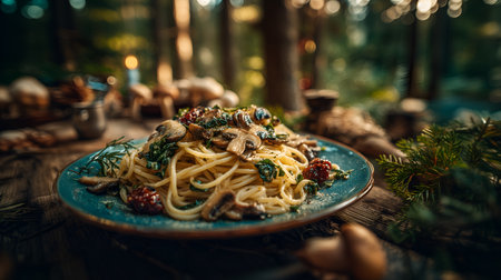 Rich and aromatic Spaghetti with Wild Mushrooms, a perfect blend of earthy flavors from the forest with authentic Italian pasta traditions.の素材