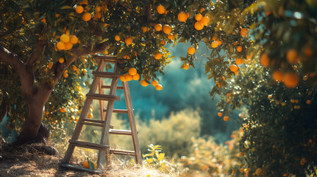 A sunlit orchard with ripe oranges hanging from trees and a wooden ladder ready for harvest, capturing the warmth and abundance of summer.の素材