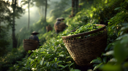 Farmers harvesting coffee beans by hand on tropical farms.の素材