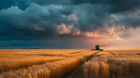 Sweeping ultra-wide view of endless golden wheat fields stretching toward the horizon beneath stormy clouds.の素材