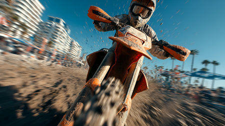 A close-up, action-packed shot of a motocross rider tearing through muddy terrain. Captured from a low angle, the image emphasizes the front of the bike and the rider's intense focus. Flying debris, motion blur, and vivid colors highlight the speed, grit, and adrenaline of competitive off-road racing.の素材