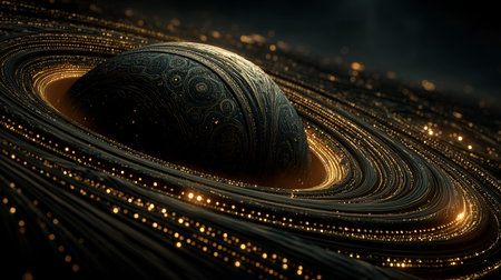 A beautifully rendered celestial sphere with ornate surface patterns surrounded by luminous concentric rings. This cosmic scene blends scientific inspiration with artistic imagination, evoking themes of astronomy and space exploration.の素材