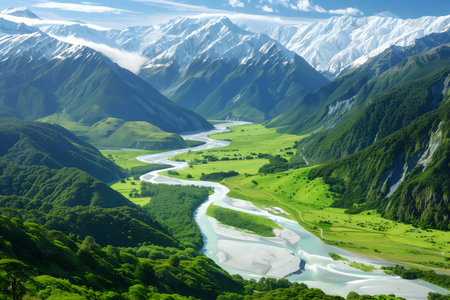 A lush green valley with a winding river surrounded by towering snow-covered peaks, dense forests, and vibrant natural light.の素材