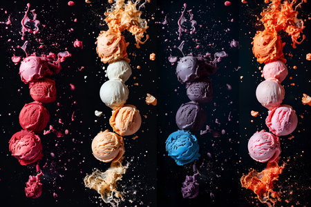 Four vertical stacks of ice cream scoops in vibrant color themes with dynamic splashes on a black background, creating visual energy.の素材