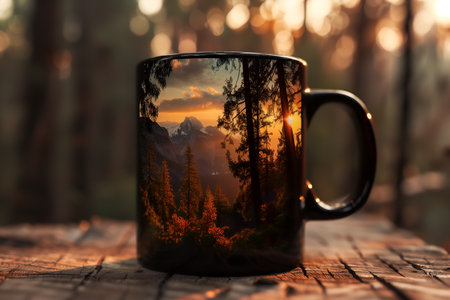 A black ceramic mug on a rustic surface featuring a vivid mountain sunset with pine trees and glowing sky in a forest setting.の素材
