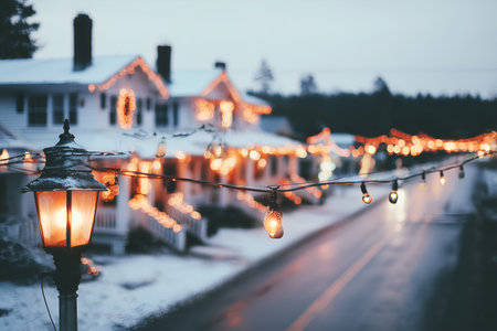 Snow-dusted homes and glowing string lights line a cozy street, with a vintage lamp casting warm light on the wet road.の素材