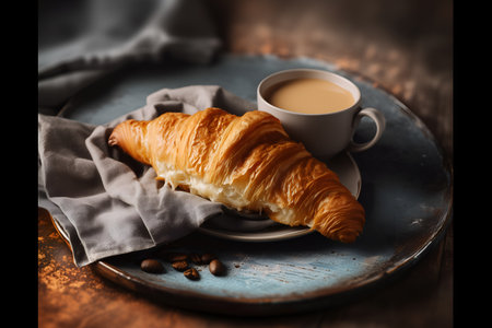 A flaky croissant and creamy coffee sit on a rustic blue plate with a gray napkin and scattered beans, creating a cozy breakfast scene.の素材