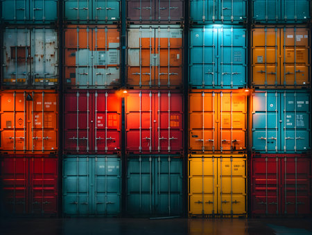 A dense stack of colorful freight containers forms a geometric grid. A vivid industrial composition with global trade themes.の素材