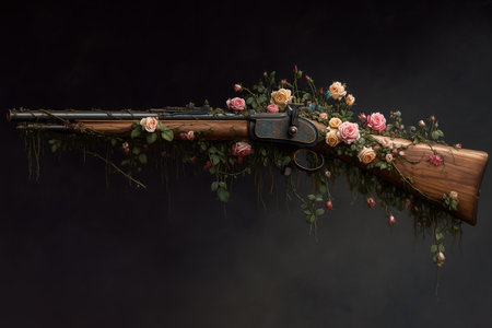Antique rifle entwined with blooming roses and vines, contrasting weapon and nature in symbolic surreal composition.の素材
