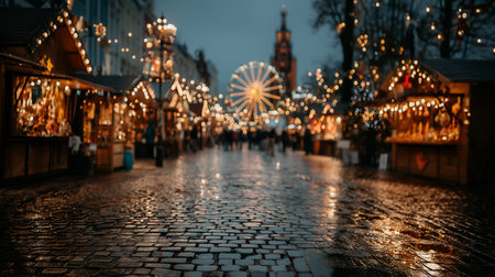 A lively outdoor holiday market with glowing stalls, string lights, cobblestone streets, and a Ferris wheel at twilight, creating a cozy festive atmosphere.の素材