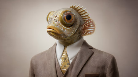 Surreal portrait of a realistic fish head seamlessly merged with a humanoid body dressed in a formal brown suit, white shirt, and patterned tie against a neutral softly lit backdrop.の素材
